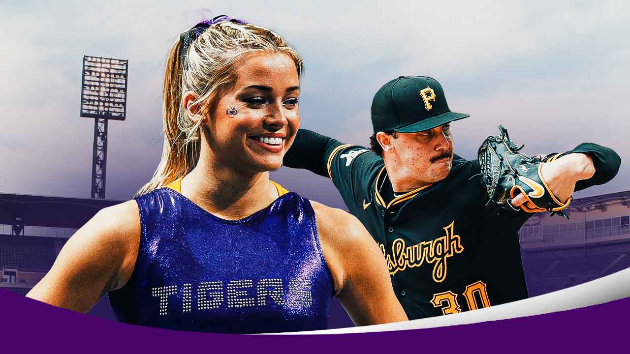 Olivia Dunne on left smiling. Pirates Paul Skenes pitching a baseball on right.