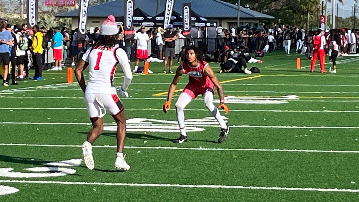 DJ Pickett (red) playing defensive back at the Battle Miami 7-on-7 tournament on Jan. 28 at Mill's Pond Park in Fort Lauderdale.