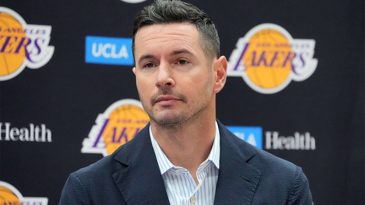 Los Angeles Lakers coach JJ Redick at a press conference at the UCLA Health Training Center.