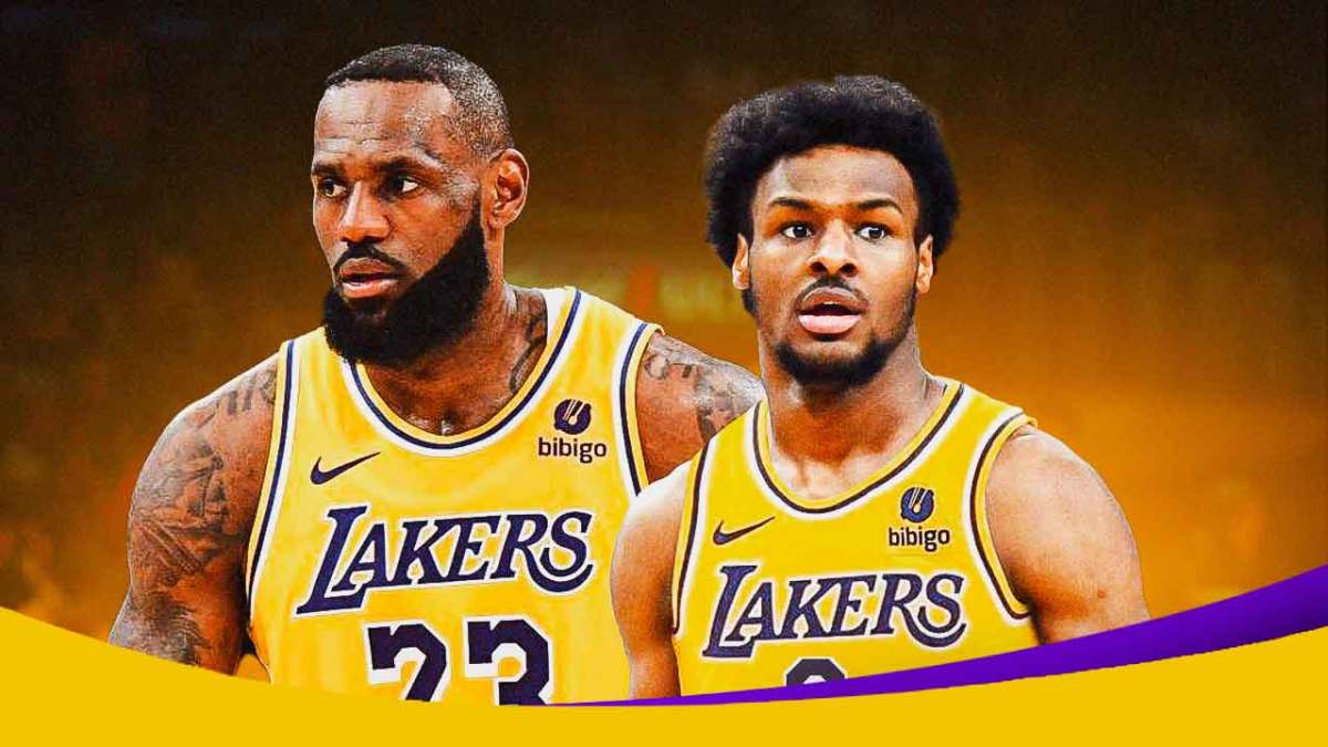 Bronny James next to LeBron James with Crypto.com arena as the background.