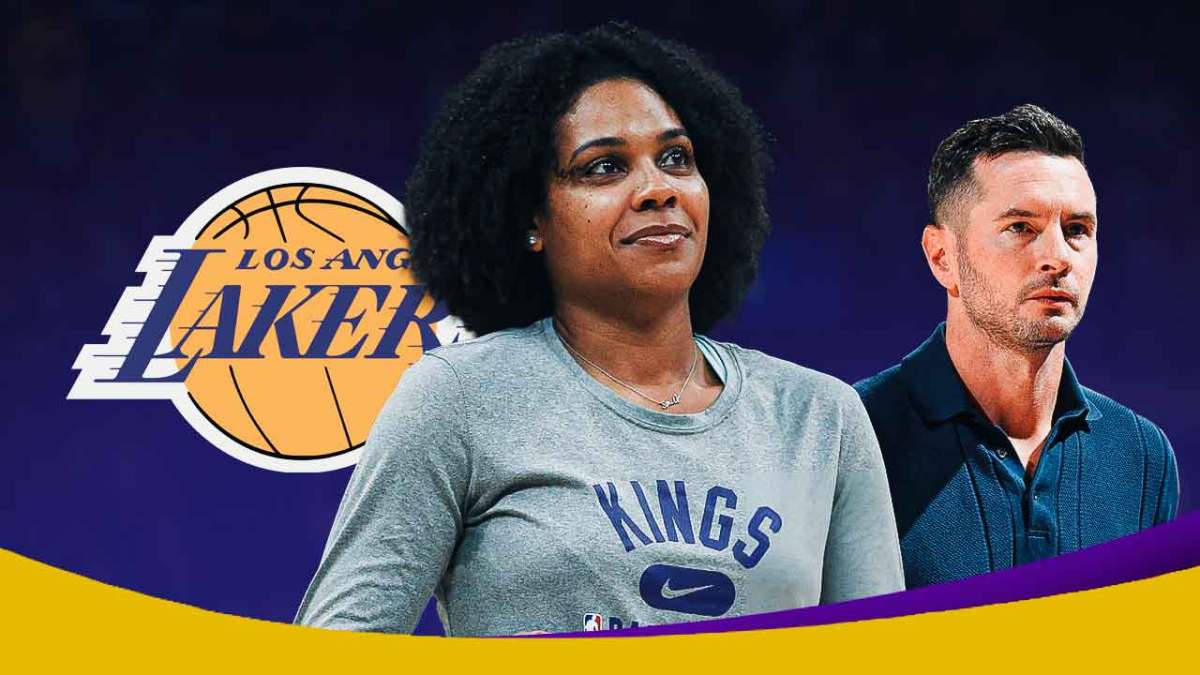 Lakers coach JJ Redick stands next to Kings' Lindsey Harding
