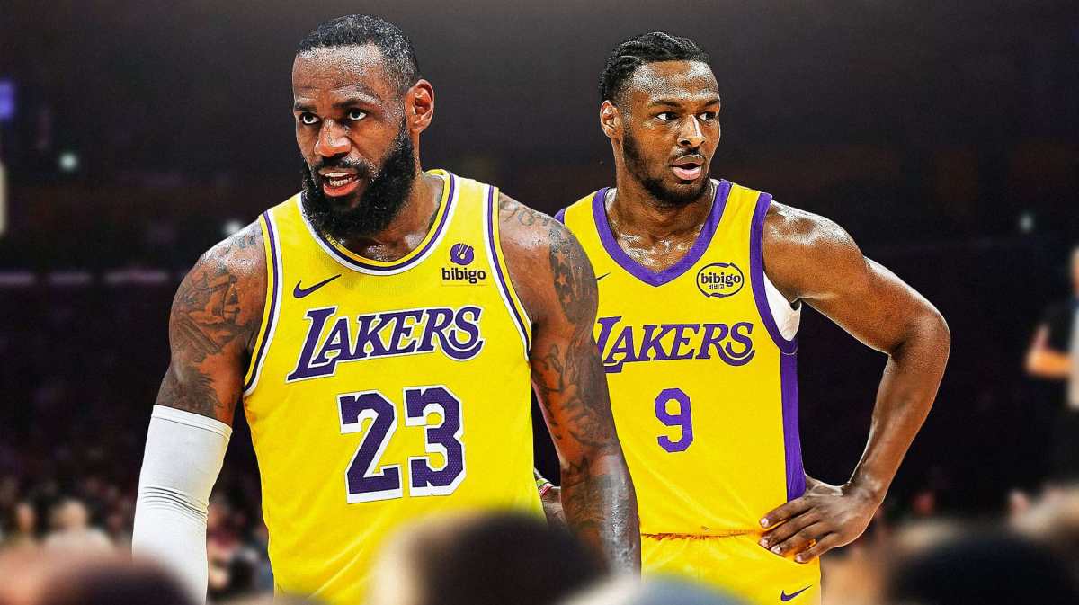 Bronny James, LeBron James, NBA summer league, Bronny James NBA summer league, Lakers, LeBron James and Bronny James with Lakers arena in the background
