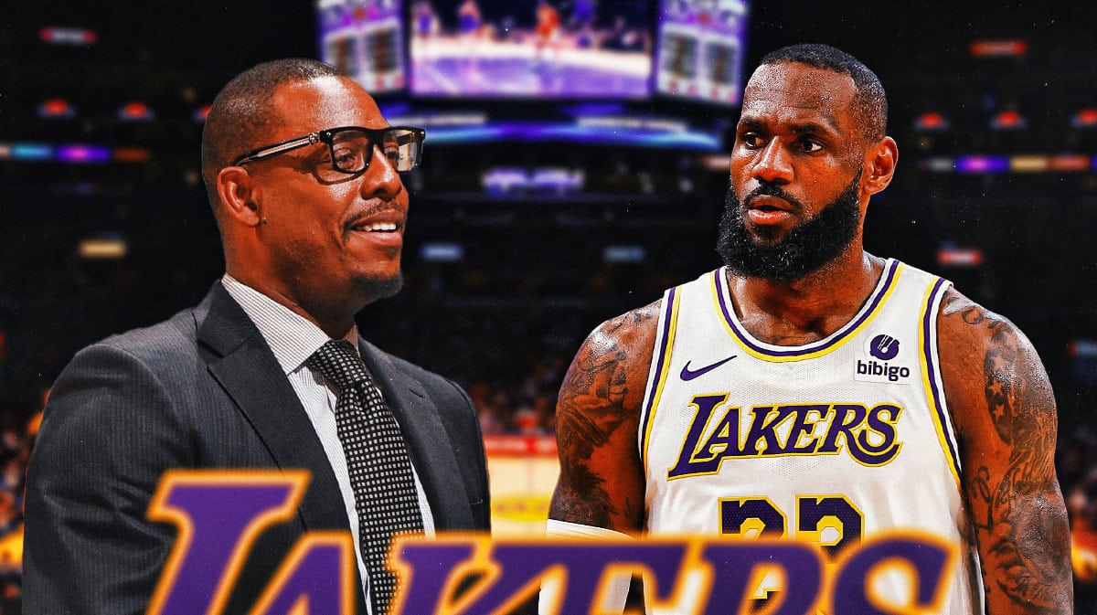 Celtics' Paul Pierce stands next to Lakers' LeBron James, Team USA sign in background