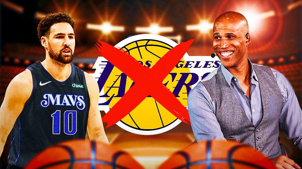 The Los Angeles Lakers logo crossed out next to Dallas Mavericks star Klay Thompson and Richard Jefferson.