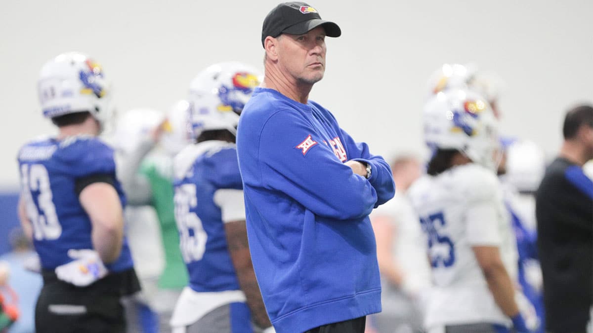 Kansas head coach Lance Leipold watches his players and coaches work during a team practice