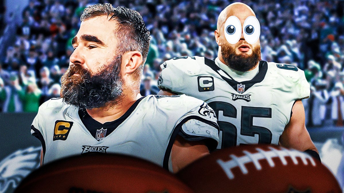 Lane Johnson with big eyeballs looking at Jason Kelce in an Eagles uniform