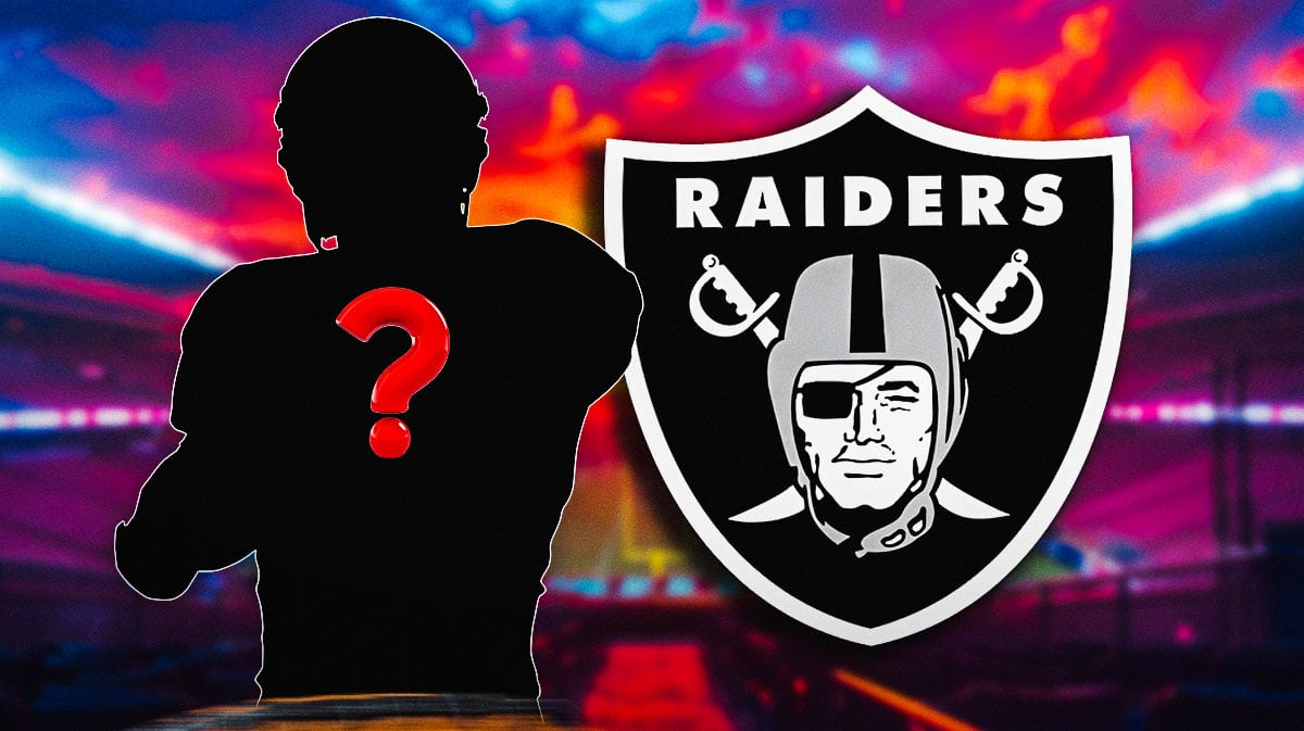 A silhouette of an American football player with a big question mark in the middle. There is also a logo for the Las Vegas Raiders.