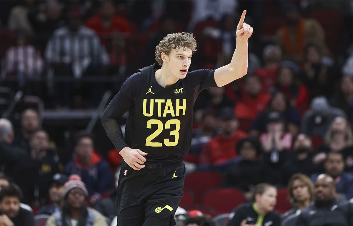 Utah Jazz forward Lauri Markkanen (23) reacts after scoring during overtime against the Houston Rockets at Toyota Center.