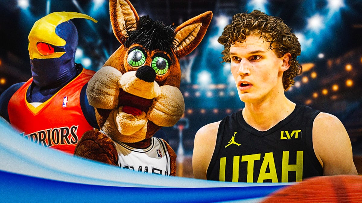 action shot of Lauri Markkanen (Jazz) with Golden State Warriors mascot and San Antonio Spurs mascot