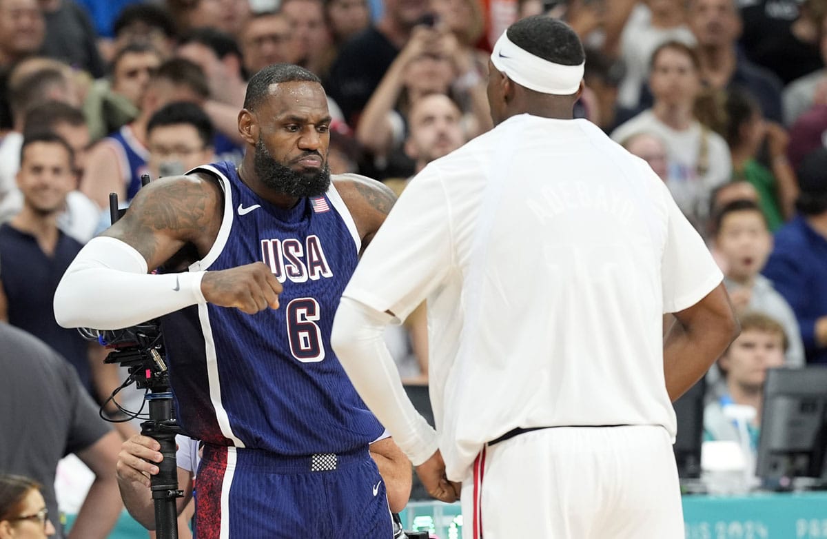 United States guard Lebron James (6) before a game against Serbia during the Paris 2024 Olympic Summer Games at Stade Pierre-Mauroy. 