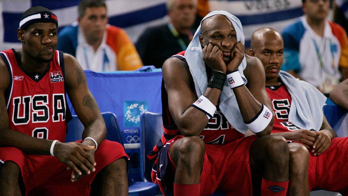 LeBron James, Lamar Odom and Stephon Marbury sit on the bench during the 2004 Olympics. Xxx Gns Mens Bball Dejection Fsf139 Jpg S Oly Bko Grc
