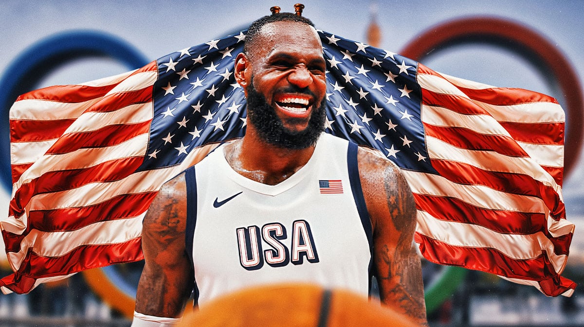 Team USA's LeBron James in front of American flags