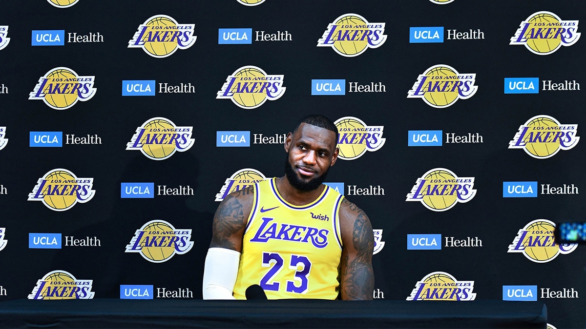 LeBron James listens to a question during an interview session with reporters during the Los Angeles Lakers media day at the UCLA Health Training Center.