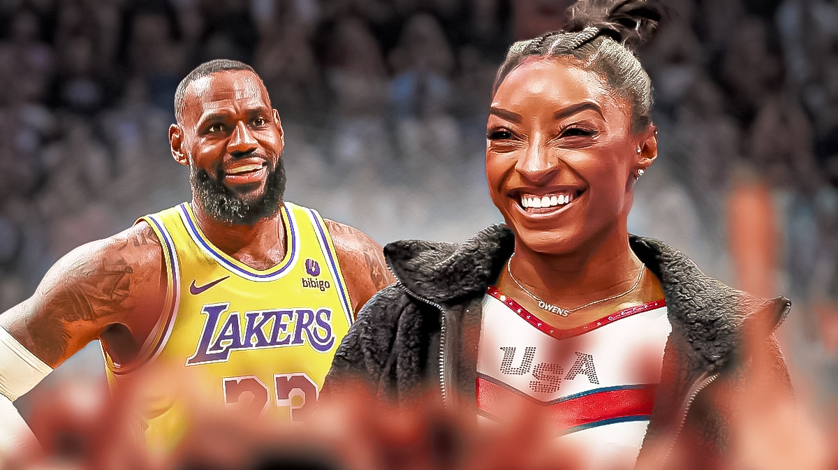 Lakers; LeBron James stands next to Simone Biles before Team USA Olympics