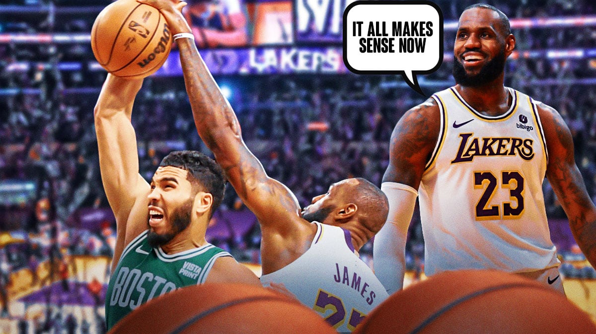 Jayson Tatum dunking on LeBron (use pic from 2018 ECF, Game 7) and a current, smiling LeBron James next to that saying "It all makes sense now"