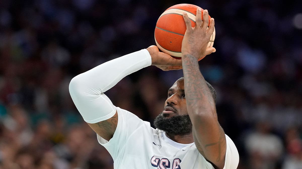 United States guard Lebron James (6) warms up before a game against Serbia during the Paris 2024 Olympic Summer Games at Stade Pierre-Mauroy.