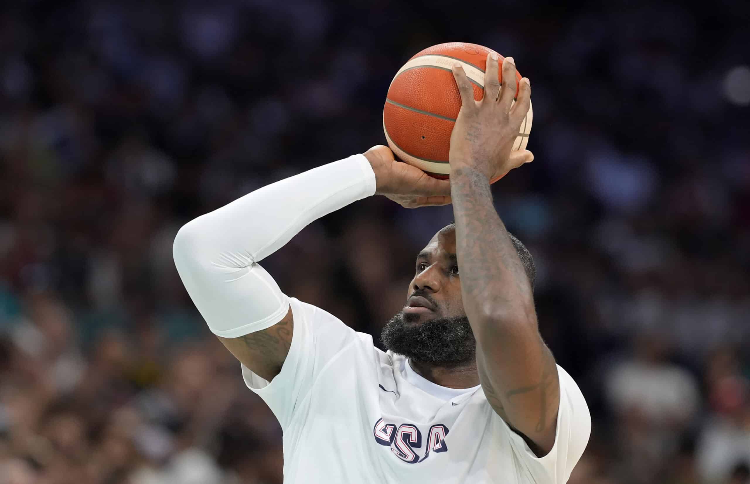 United States guard Lebron James (6) warms up before a game against Serbia during the Paris 2024 Olympic Summer Games at Stade Pierre-Mauroy. 