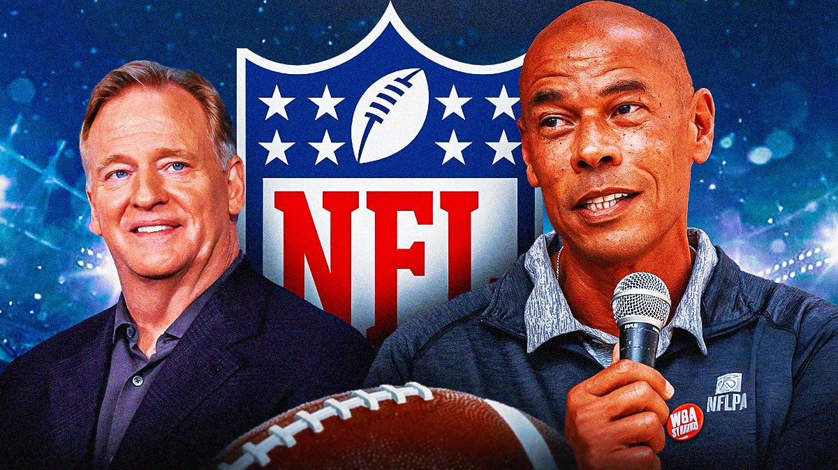 NFLPA executive director Lloyd Howell with NFL Commissioner Roger Goodell and a logo for the NFL.