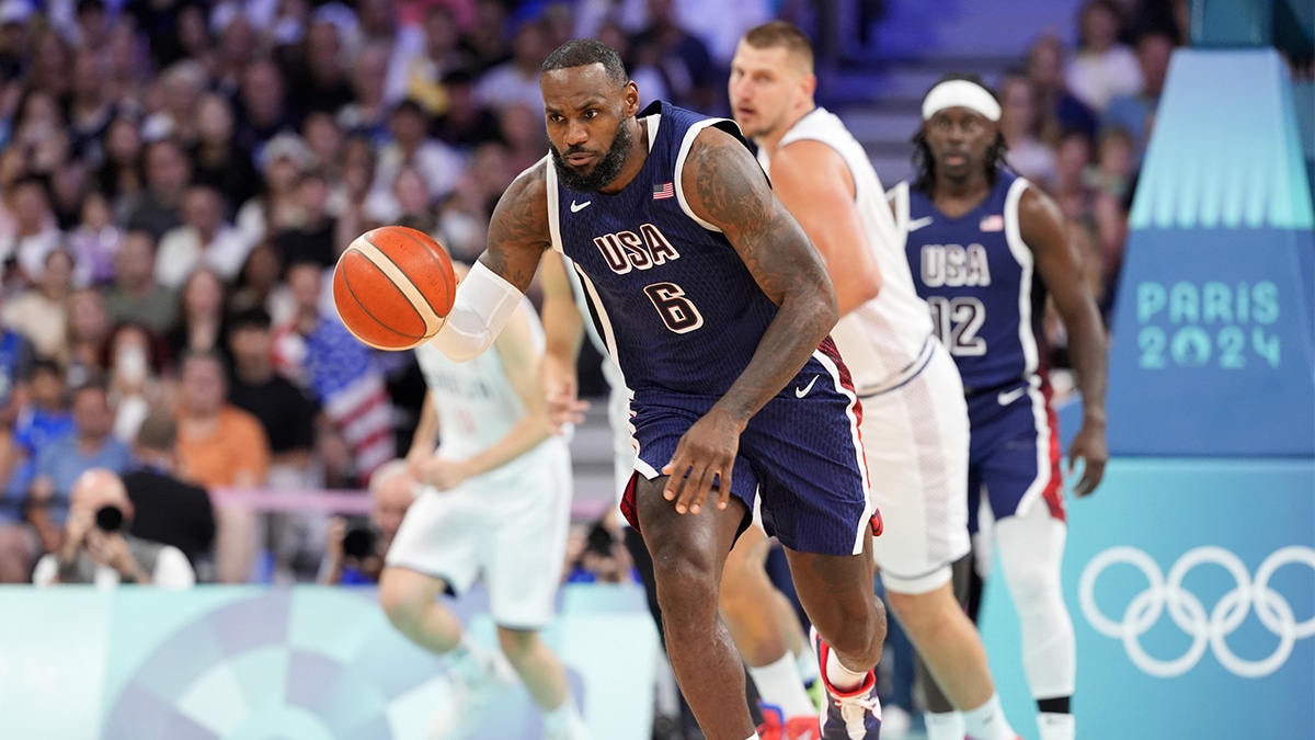 Lebron James (6) dribbles in the first quarter against Serbia during the Paris 2024 Olympic Summer Games at Stade Pierre-Mauroy
