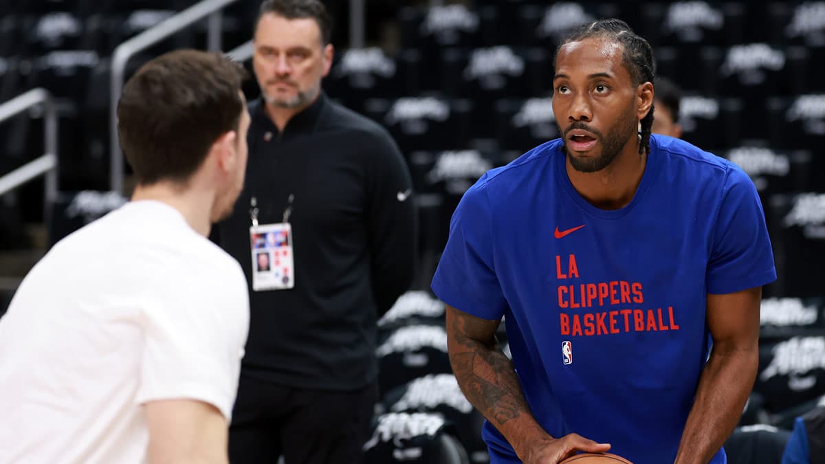 Los Angeles Clippers forward Kawhi Leonard (2) warms up before the game against the Dallas Mavericks during game two of the first round for the 2024 NBA playoffs at Crypto.com Arena.
