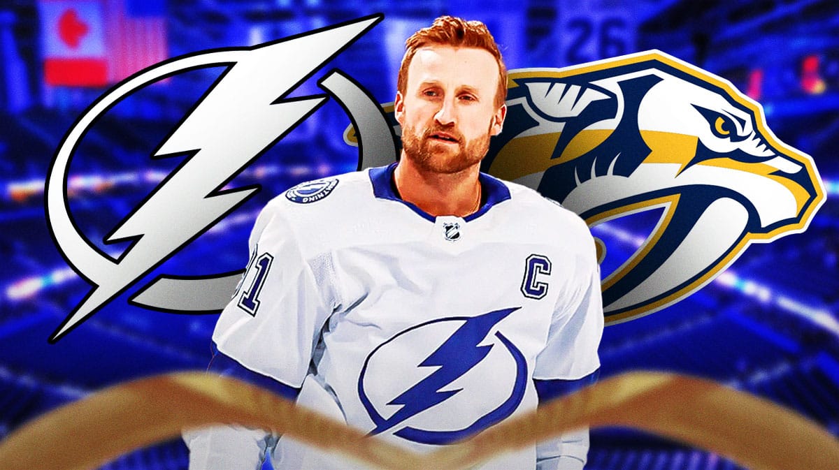 Steven Stamkos in middle of image looking hopeful, Tampa Bay Lightning and Nashville Predators logos, hockey rink in background