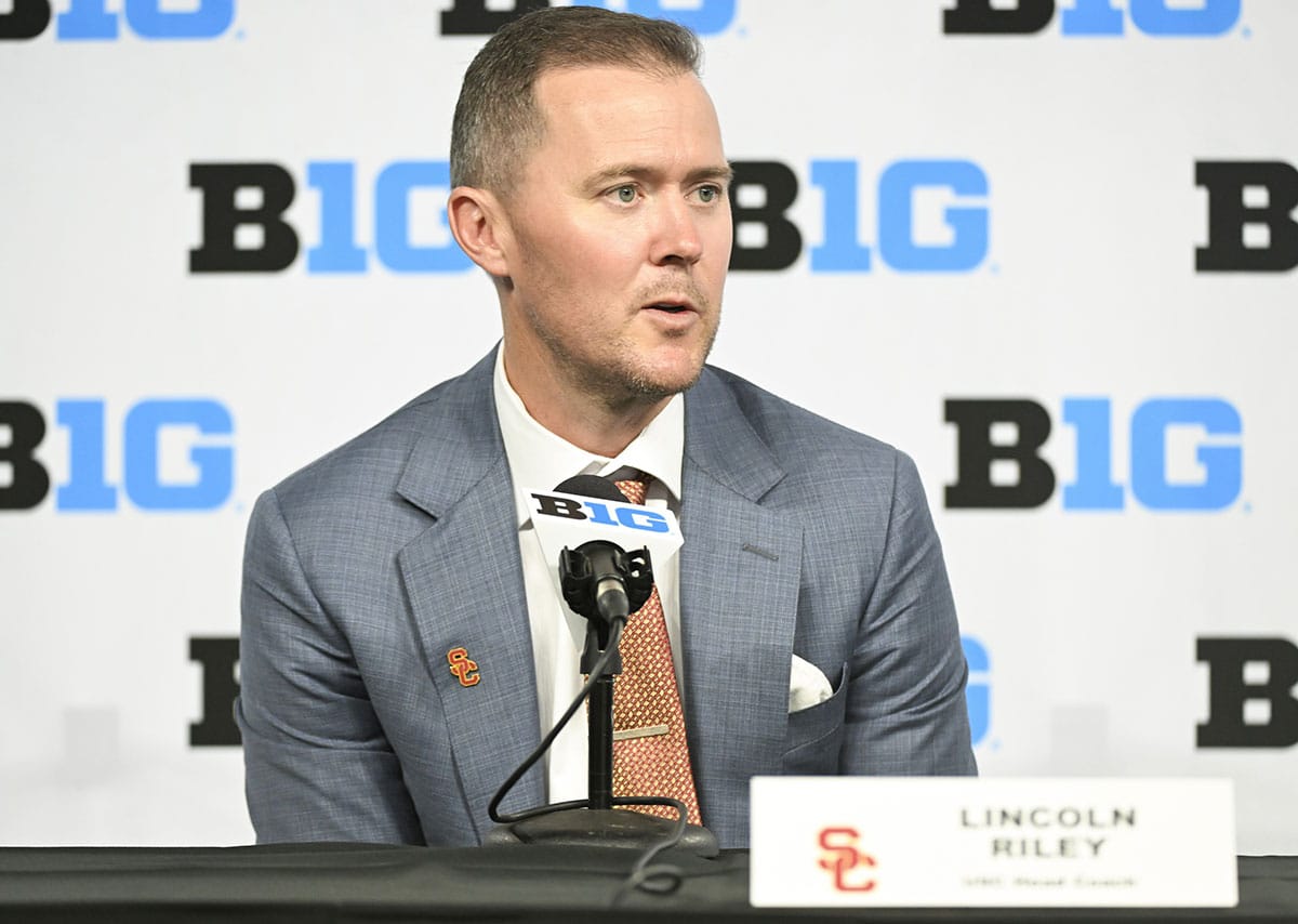 USC Trojans head coach Lincoln Riley speaks to the media during the Big 10 football media day at Lucas Oil Stadium.