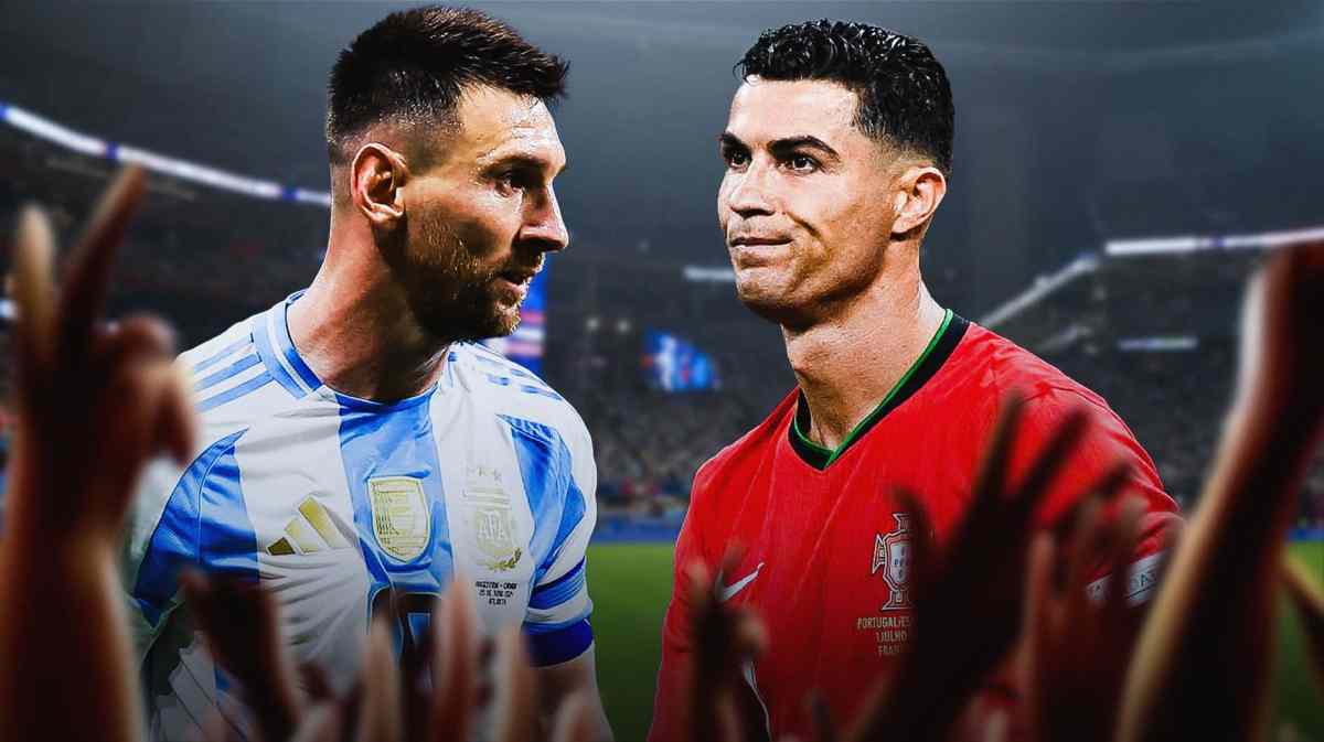Lionel Messi and Cristiano Ronaldo facing each other in front of a football field
