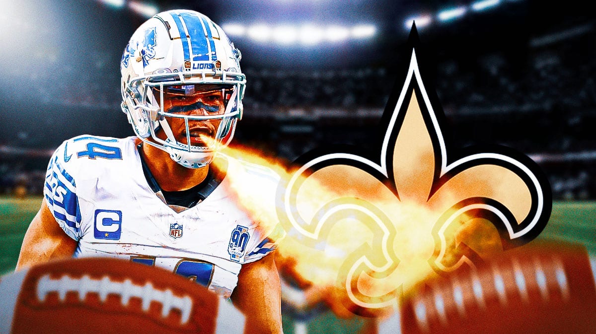 Lions' Amon-Ra St. Brown breathing fire on the Saints logo