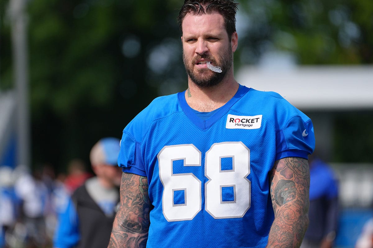 Offensive Lineman Taylor Decker walks off the field during day two of the Detroit Lions training camp at the Detroit Lions Headquarters in Dearborn, Mich. on Thursday, July 25, 2024.