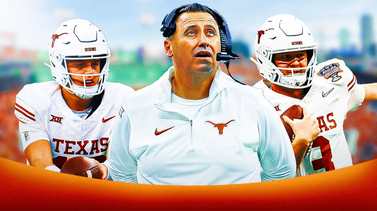 Texas football coach Steve Sarkisian with Texas football players.