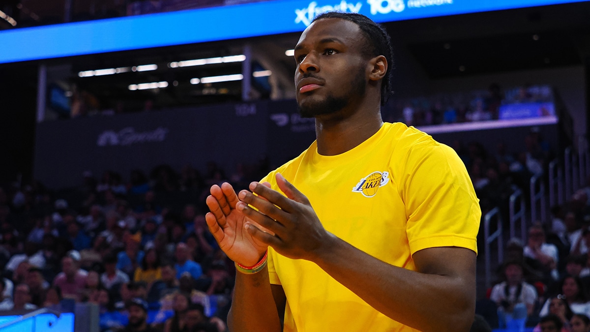 Jul 7, 2024; San Francisco, CA, USA; Los Angeles Lakers guard Bronny James Jr. (9) claps for a teammate during the second quarter against the Golden State Warriors at Chase Center. Mandatory Credit: Kelley L Cox-USA TODAY Sports