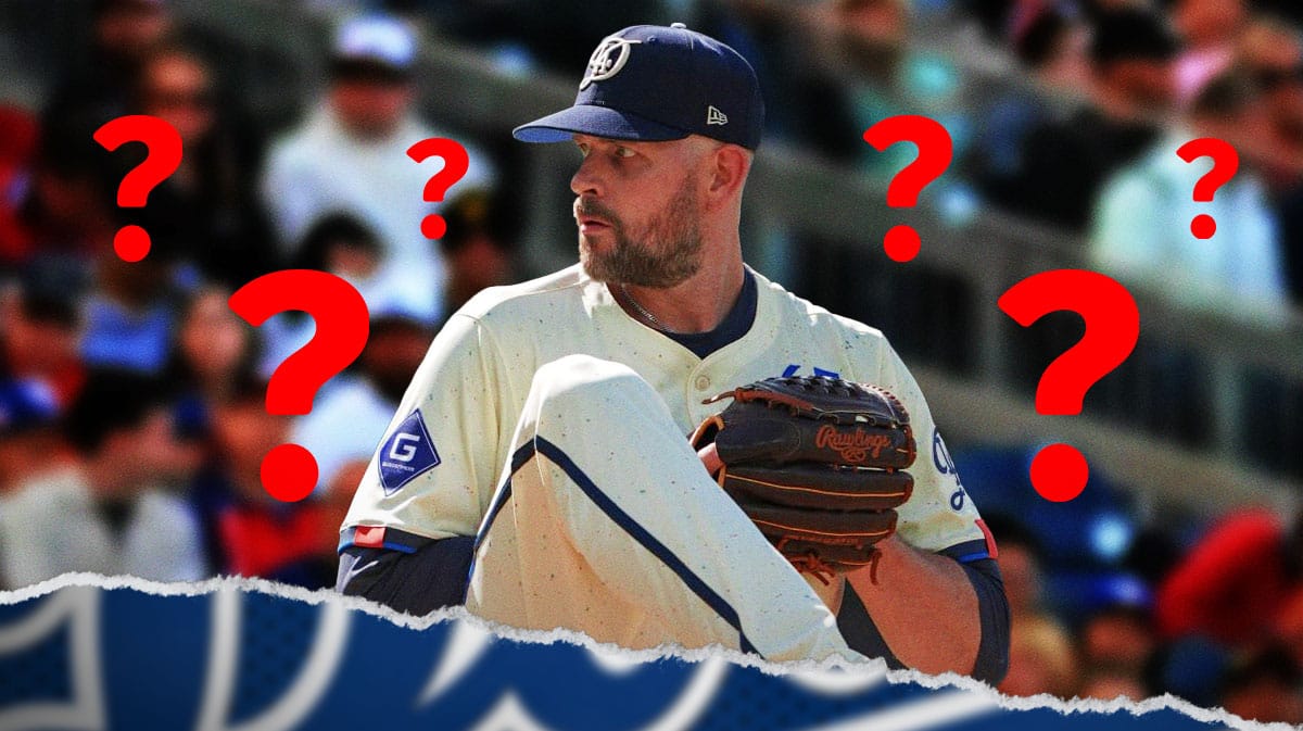 James Paxton with Dodger Stadium behind him and question emojis to show he may get traded before the trade deadline