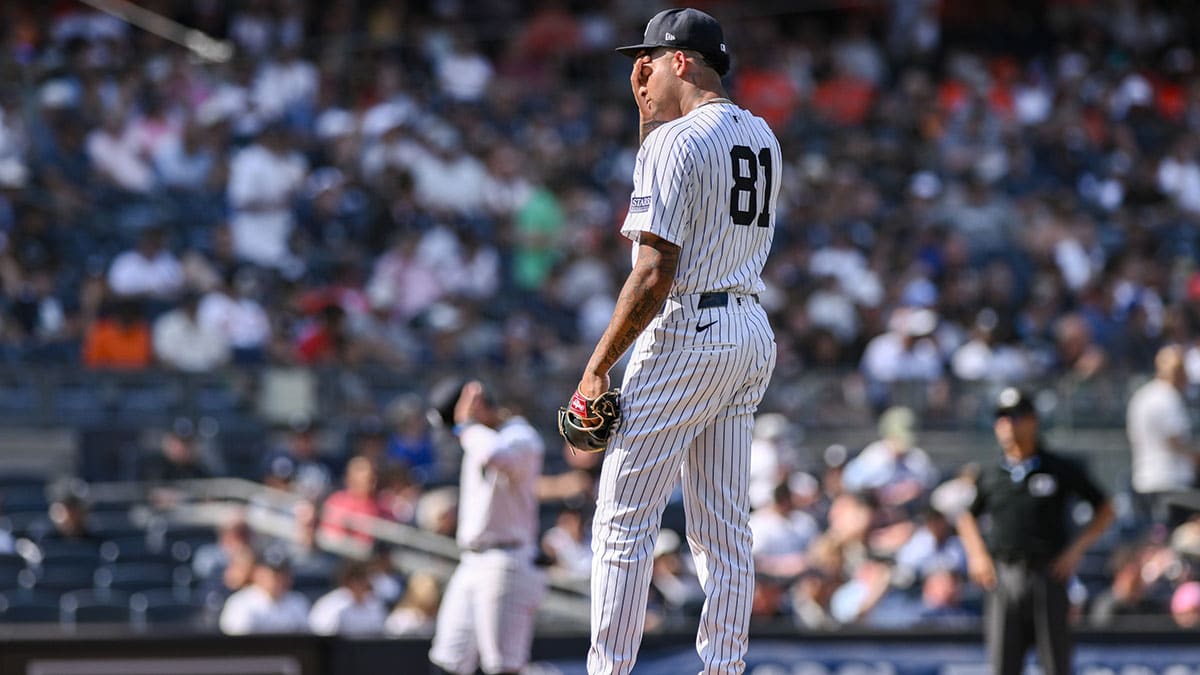 New York Yankees pitcher Luis Gil (81) reacts during the second inning against the Baltimore Orioles at Yankee Stadium