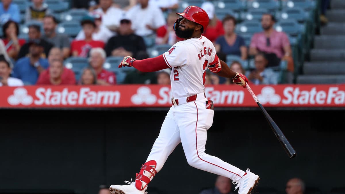 Los Angeles Angels third baseman Luis Rengifo (2) hits a two-run home run during the first inning against the Detroit Tigers at Angel Stadium. 