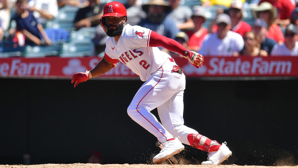 Los Angeles Angels second baseman Luis Rengifo (2) runs after hitting a double against the Detroit Tigers during the sixth inning at Angel Stadium.