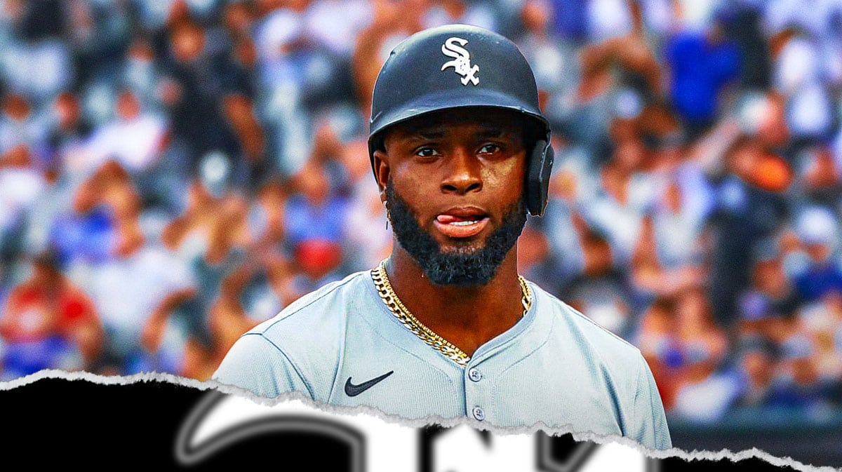 Chicago White Sox star Luis Robert Jr. in front of Guaranteed Rate Field.