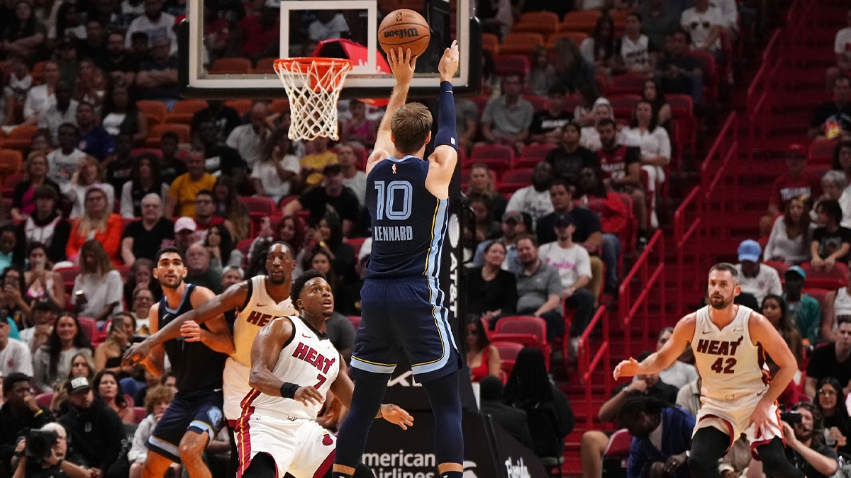 Memphis Grizzlies guard Luke Kennard (10) puts up a shot against the Miami Heat during the first half at Kaseya Center.