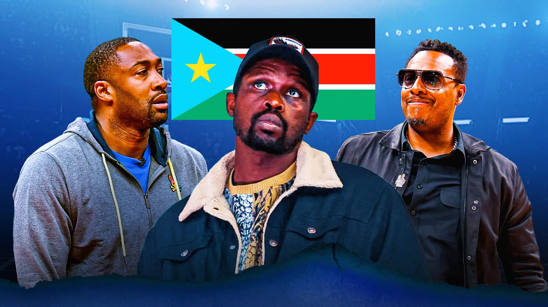 Luol Deng looking serious in the middle of Paul Pierce and Gilbert Arenas. South Sudan flag in the background.