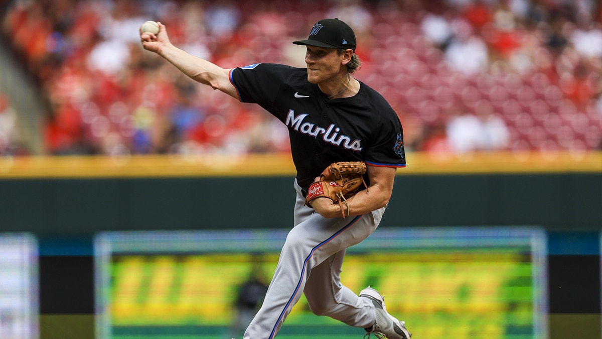 Jul 14, 2024; Cincinnati, Ohio, USA; Miami Marlins pitcher Declan Cronin (51) pitches against the Cincinnati Reds in the seventh inning at Great American Ball Park. 