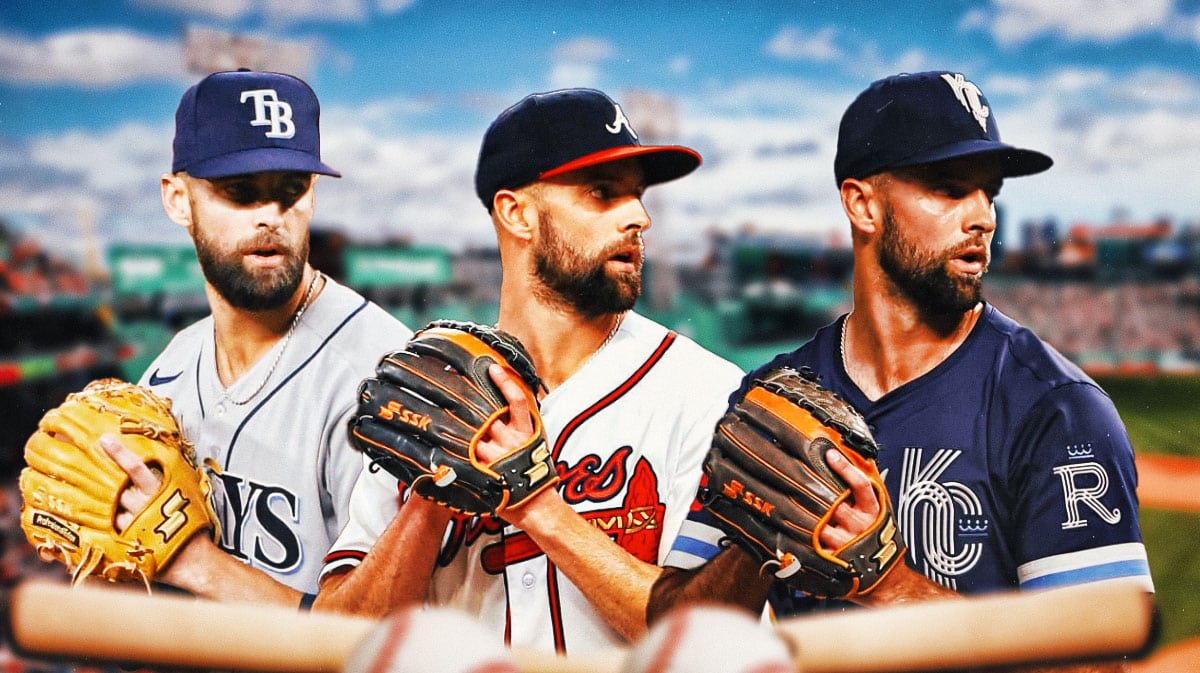 Nick Anderson pitching in a Tampa Bay Rays uniform, Nick Anderson pitching in an Atlanta Braves uniform and Nick Anderson pitching in a Kansas City Royals uniform as the Royals released Anderson and he is a free agent - entered MLB Free Agency.