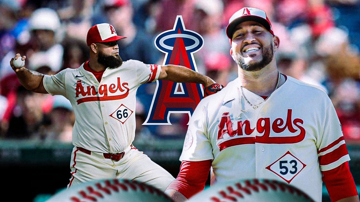 Carlos Estevez and Luis Garcia in front of Angels logo