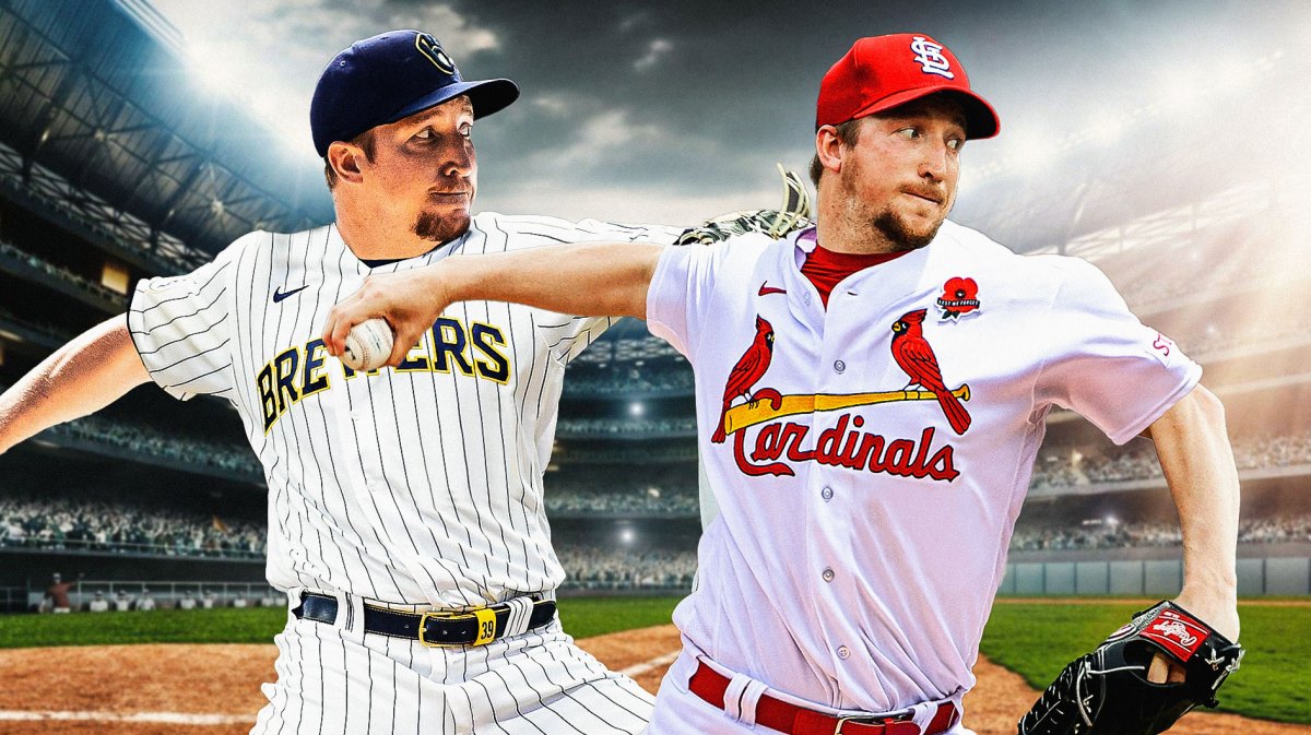 Erick Fedde pitching in a Milwaukee Brewers uniform next to Erick Fedde pitching in a St. Louis Cardinals uniform as both teams are interested in the White Sox pitcher at the MLB trade deadline.