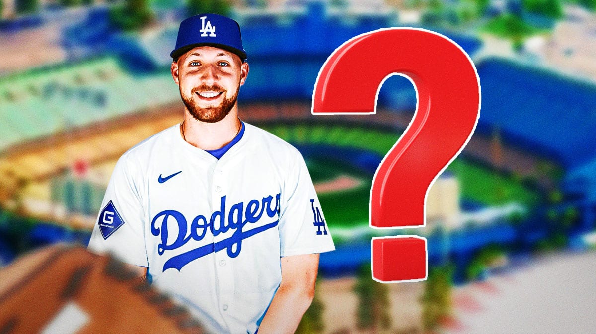 Garrett Crochet in a Dodgers uniform on left. Place a question mark on right.