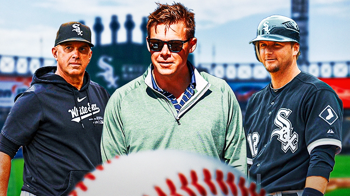 White Sox manager Pedro Grifol on left side, White Sox GM Chris Getz in center, former White Sox catcher A.J Pierzynski on right side. Guaranteed Rate Field (White Sox home stadium) in background