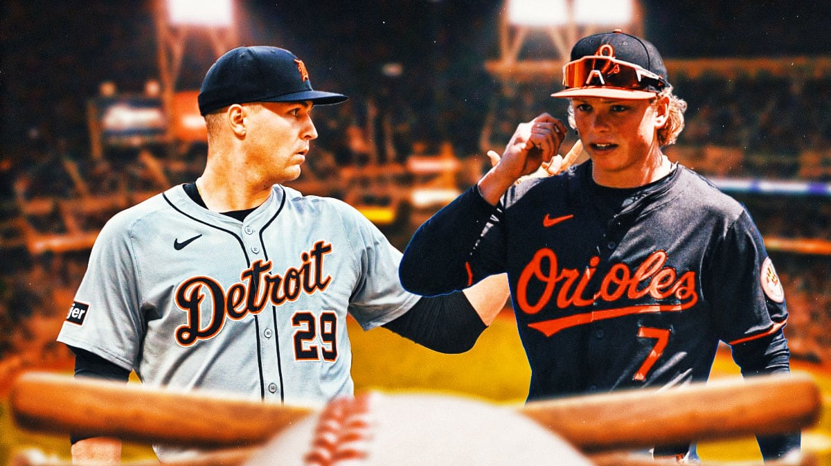 Detroit Tigers pitcher Tarik Skubal next to Baltimore Orioles player Jackson Holliday