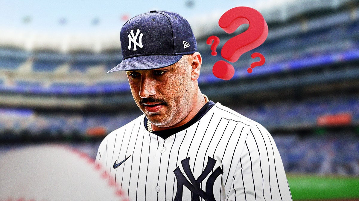 Yankees pitcher Nestor Cortes with question marks above him, Yankee Stadium
