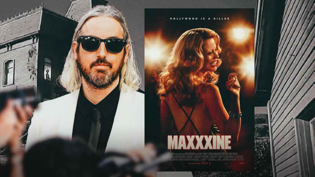 Ti West and MaXXXine poster in front of Alfred Hitchcock's Psycho House.