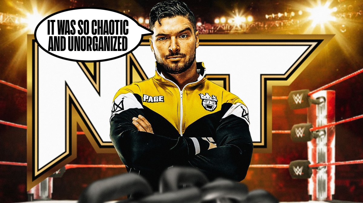 Ethan Page with a text bubble reading "It was so chaotic and unorganized" with the NXT logo as the background.