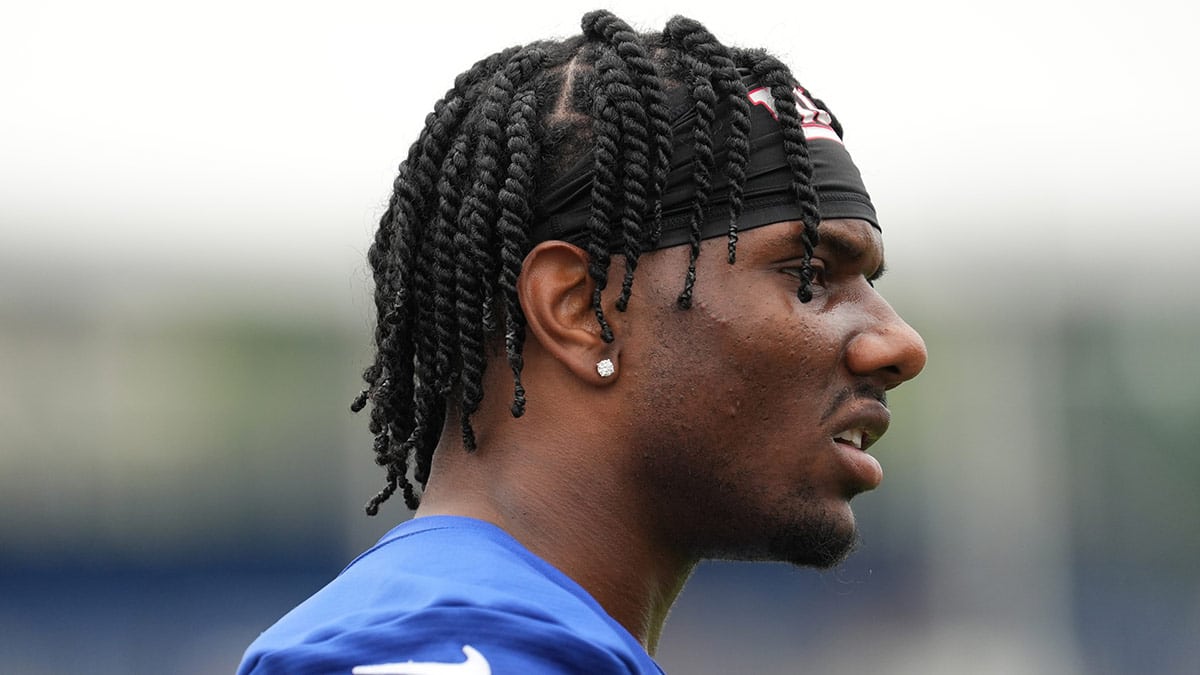 New York Giants wide receiver Malik Nabers (9) looks on during training camp at Quest Diagnostics Training Center.