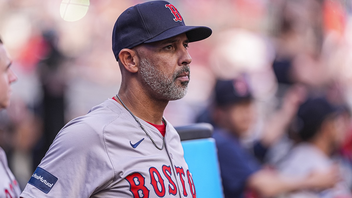  Boston Red Sox manager Alex Cora (13) in the dugout prior to the start of the game against the Atlanta Braves at Truist Park. 